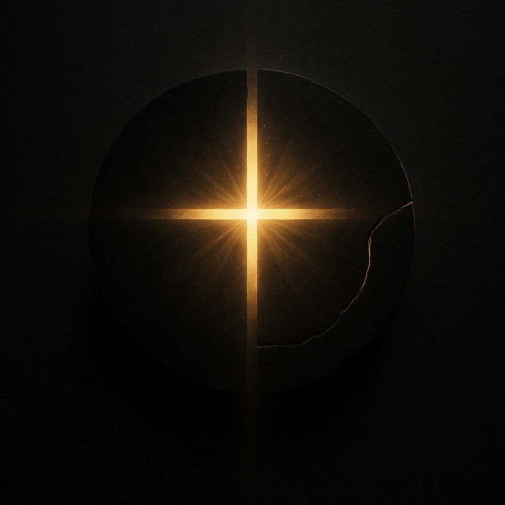 Glowing golden cross radiates from the center of a dark circular object with a crack.