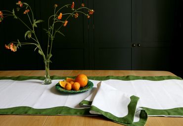 Green and white table runner and napkins - Reed Family Linen