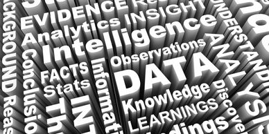 3D word cloud featuring data, intelligence, and analytics concepts.