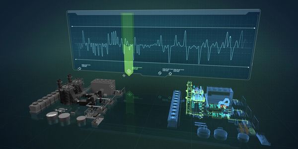 3D digital rendering of industrial machinery with data visualization overlay.