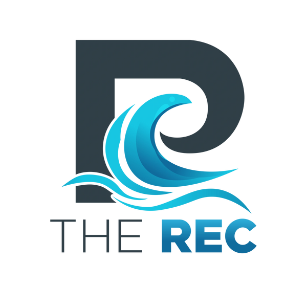 The Rec Center's Logo is shown the "R" is Blue-Gray with a blue wave.