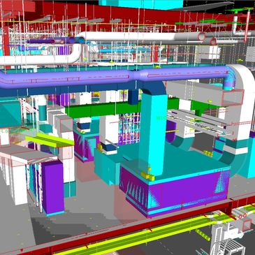 Colorful 3D architectural or mechanical model with pipes and structures.
