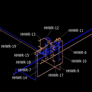 3D schematic of interconnected pipes labeled HHWR with various numbers.