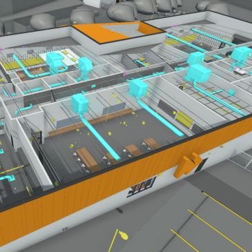 3D model of a modern factory layout with machinery and workstations.