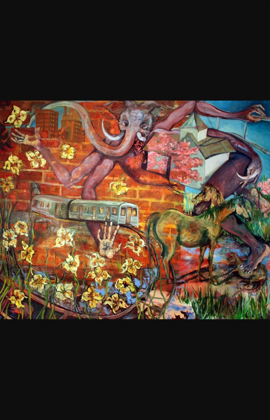 Surreal painting with an elephant-headed figure, horses, and a subway train amidst flowers and urban elements.
