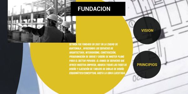 Black and white image of construction workers with foundation text and company information in Spanish.