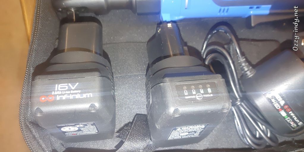 Two 16V lithium-ion batteries and a charger inside a black carrying case.