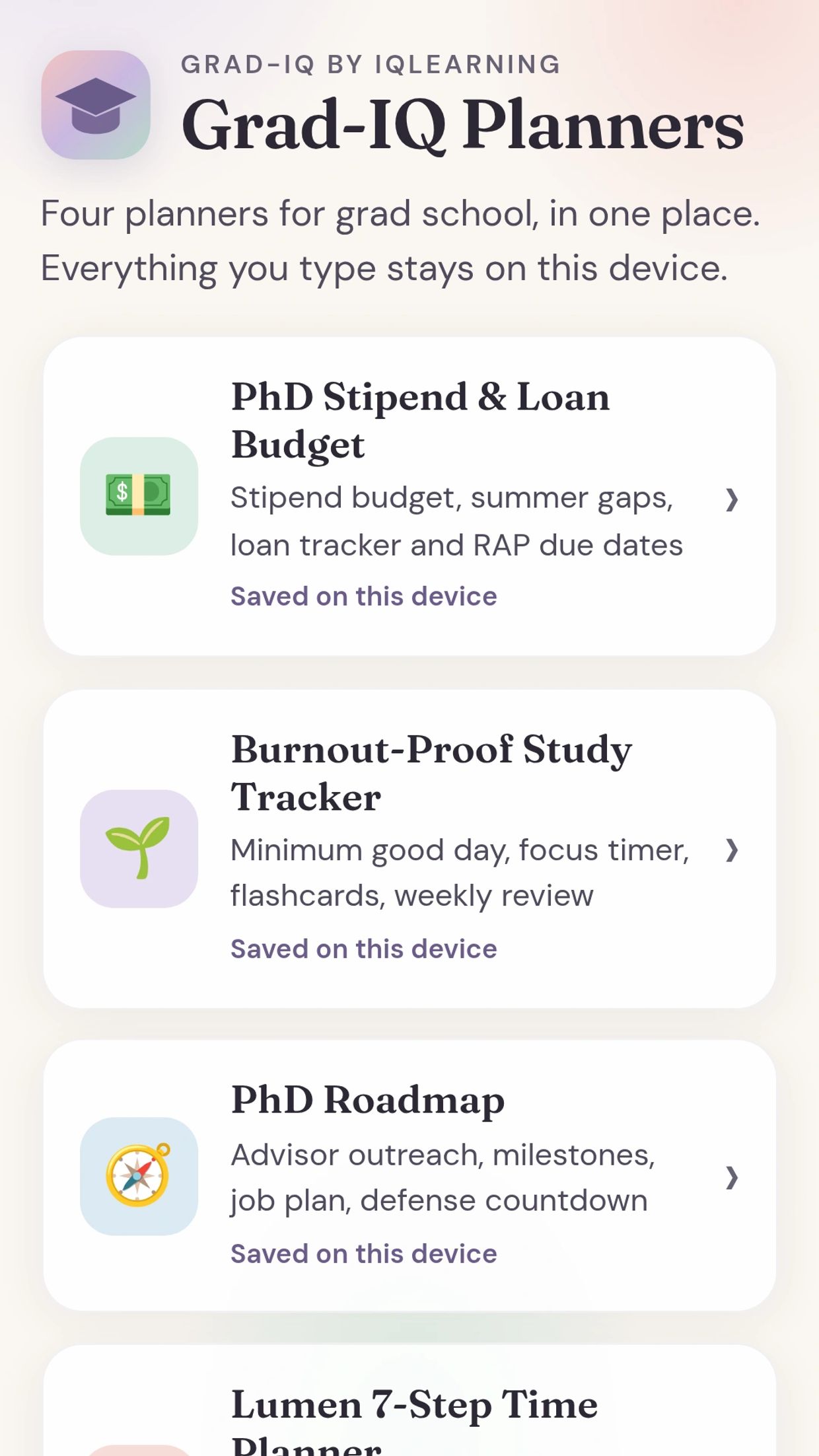 Grad-IQ Planners app for grad school organization with four planners.