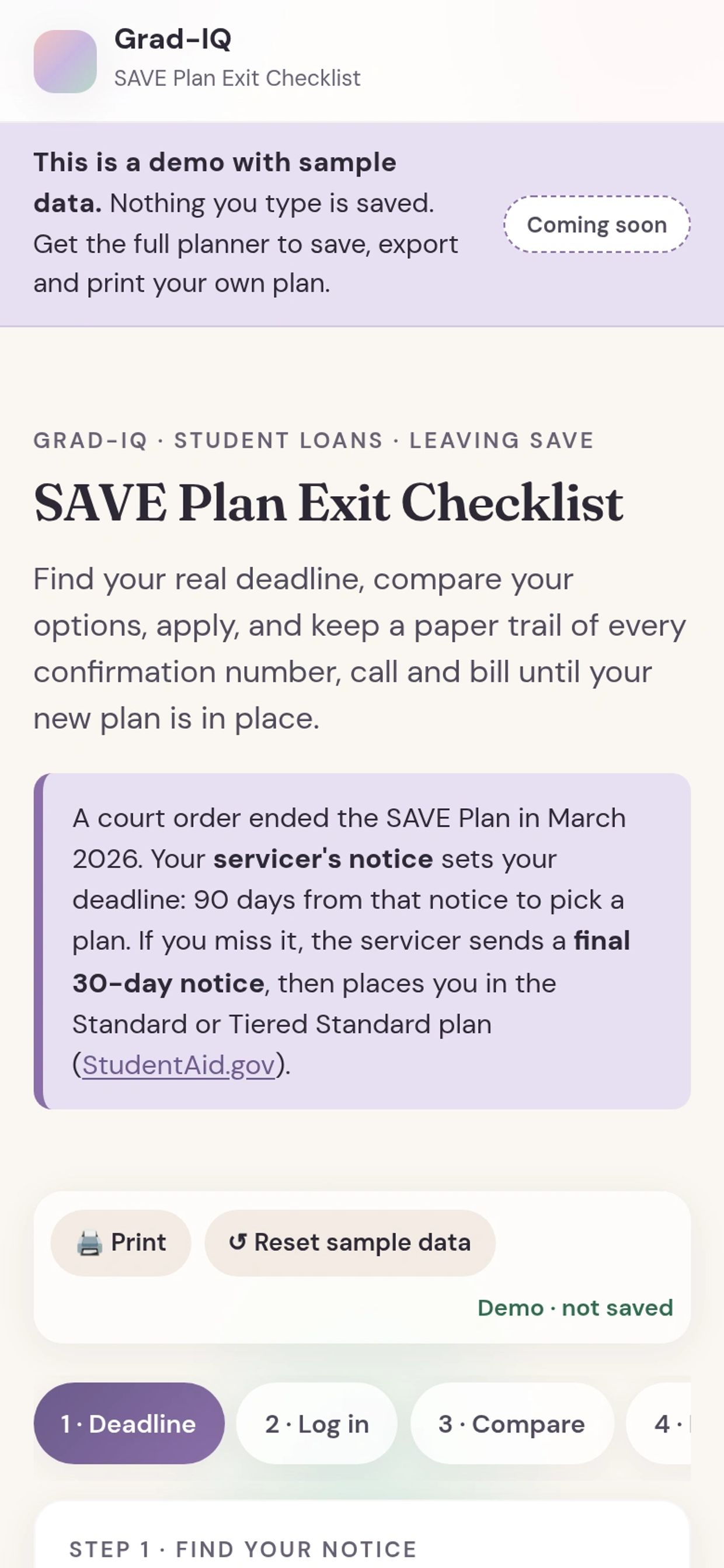 SAVE Plan Exit Checklist demo for student loan deadline and options.