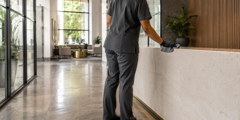 A person cleaning a hotel lobby counter wearing a black uniform and gloves.