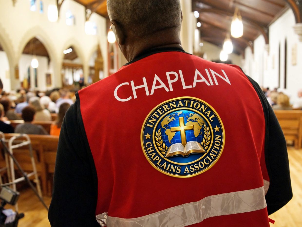 Back of a chaplain in a church with a red vest.
