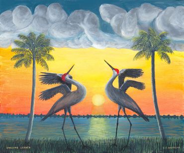 Sandhill Cranes, birds, palm trees, sunset, oil painting, Curt Whiticar, art
