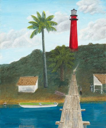 Curt Whiticar, art, oil painting, Jupiter Lighthouse. lighthouse, inlet, 
