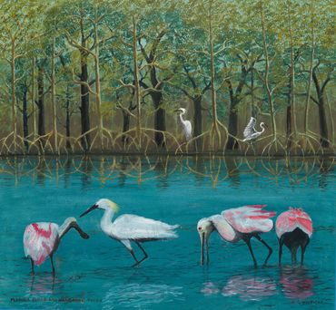 Curt Whiticar, oil painting, swamp, mangroves, Rosette Spoonbills, Florida, White Heron, 