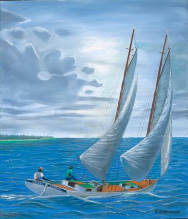  ship, boat, ocean, Bahamas, fishermen,
 sea, sailboat, oil painting, Curt Whiticar, GC Whiticar
