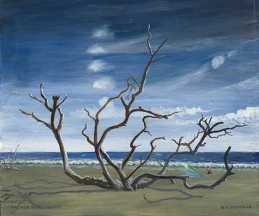 Curt Whiticar, art oil painting, erosion, beach, ocean, driftwood, 