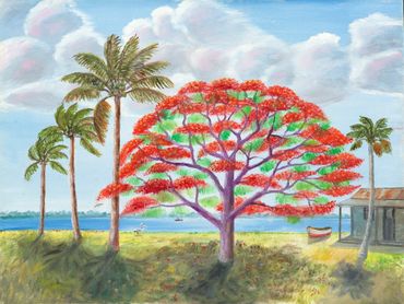 Curt Whiticar, art, oil painting, river, shack, palm tree, poinciana tree, Florida, Tropical, 