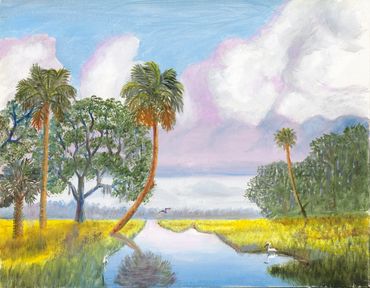 Curt Whiticar, art, oil painting, Florida, Inland, palm trees, river, back country