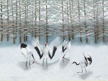 Cranes, birds dancing, snow, Red Crowned Japanese Cranes, Birds of Happiness, Curt Whiticar, Art, oi