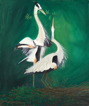 Curt Whiticar, oil painting, birds, Great White Herons, Mating