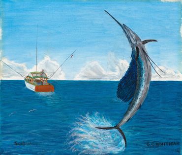 Curt Whiticar, art, oil painting, sailfish, ocean, sea, boat, Gulfstream