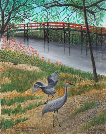 Curt Whiticar, oil painting, Sandhill Cranes, Harbor Island Bridge, Hobe Sound Florida, art