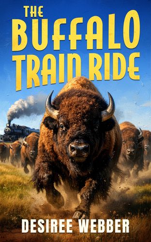 Book cover showing a buffalo charging with a train in the background.