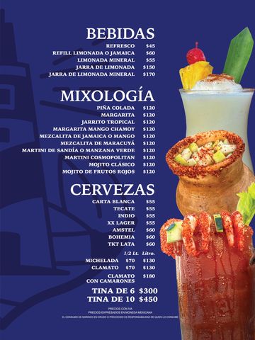 Menu of drinks including beverages, cocktails, and beers with prices in Mexican pesos.