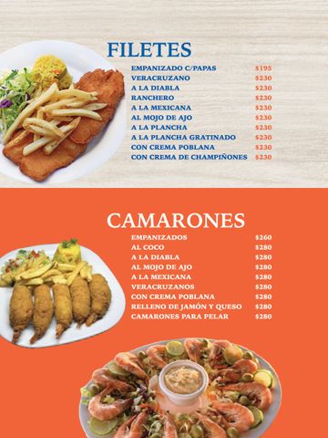 Menu featuring various fish fillets and shrimp dishes with prices in pesos.