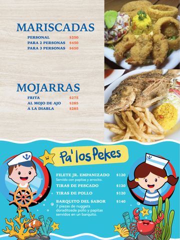 Seafood dishes and kids' menu with prices and colorful characters.