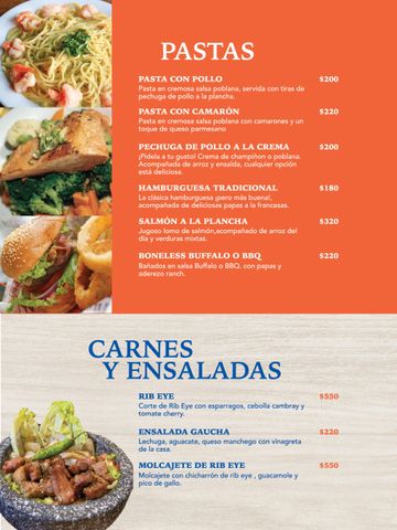 Menu featuring pastas, burgers, and rib eye dishes with vibrant food images.