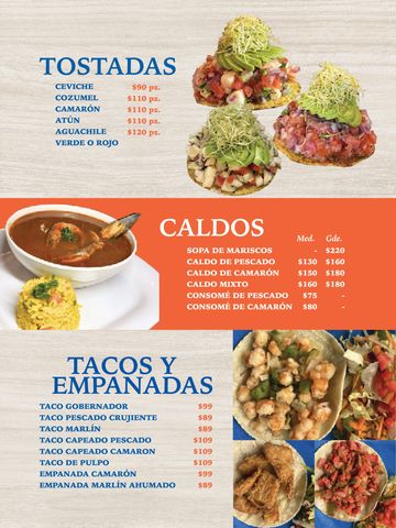Menu showcasing tostadas, soups, tacos, and empanadas with prices.