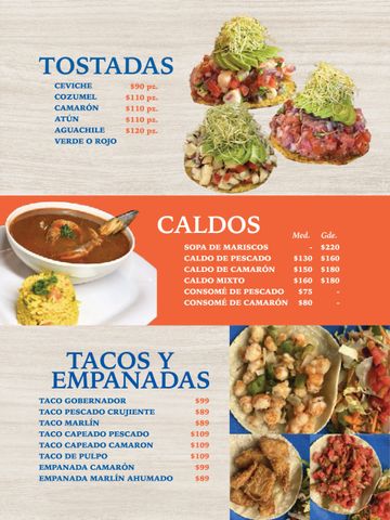 Menu showcasing tostadas, soups, tacos, and empanadas with prices.