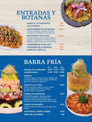 Menú con entradas, botanas y barra fría con mariscos y guacamole.