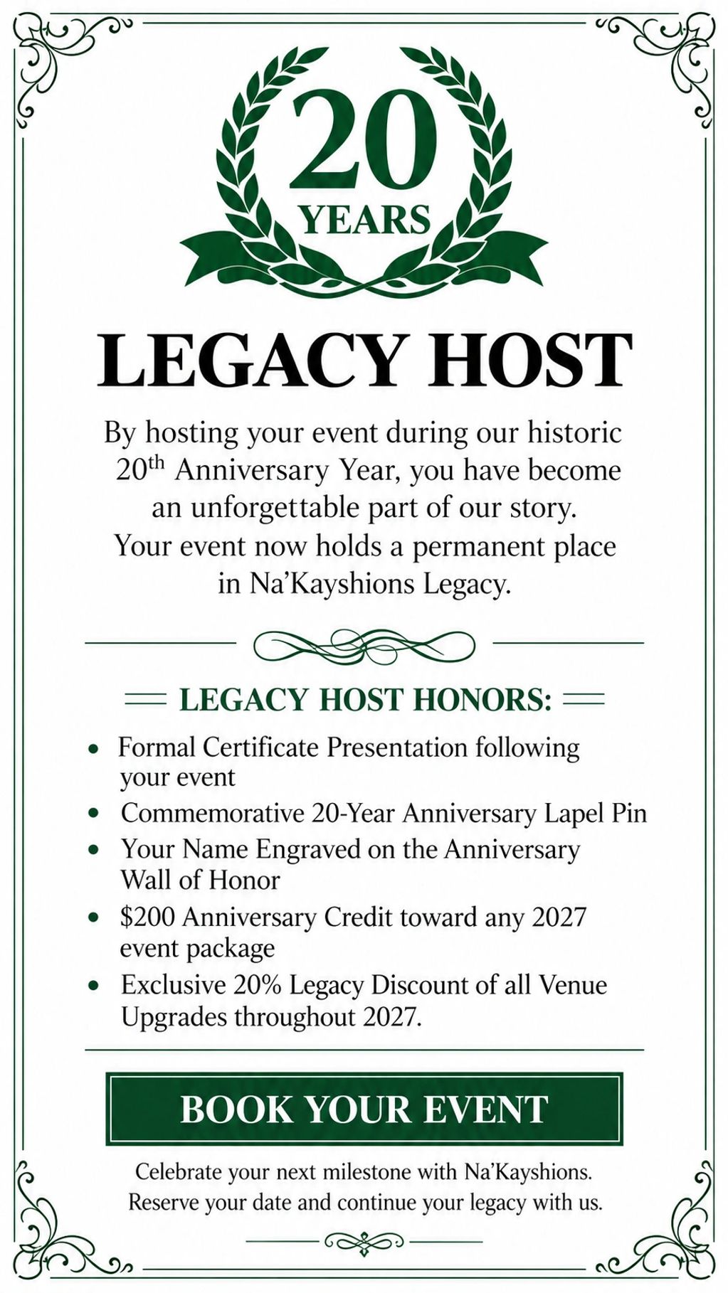 20-year Legacy Host invitation with event honors and discounts.