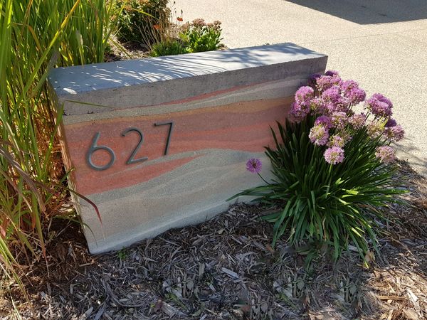 Rammed earth construction, Stone address marker, house number signs, Saskatoon, Saskatchewan, Canada