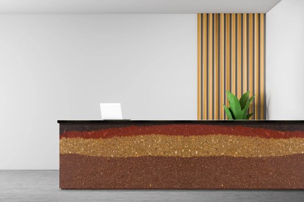 Rammed earth, office accent, Reception desk Feature, Saskatoon, Saskatchewan, Canada