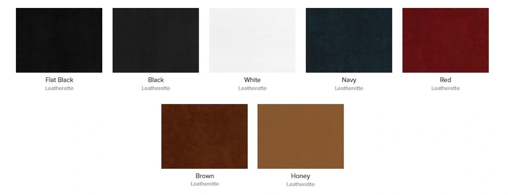 Leatherette color swatches including black, white, navy, red, brown, and honey.