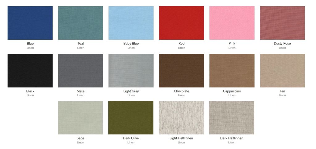 A fabric color chart with 15 linen swatches labeled by color names.