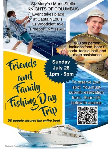 Flyer for a Friends and Family Fishing Day Trip event by Knights of Columbus.