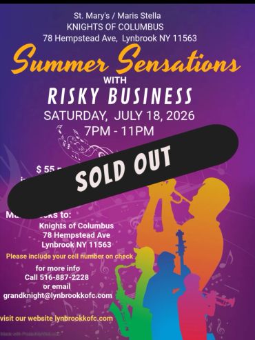 Summer Sensations event with Risky Business, sold out, July 18, 2026.