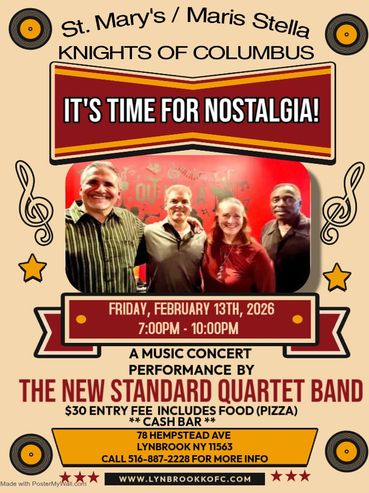 Poster for a 2026 music concert by The New Standard Quartet Band with food and cash bar.