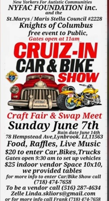 Car and bike show event with craft fair and live music on June 7th.