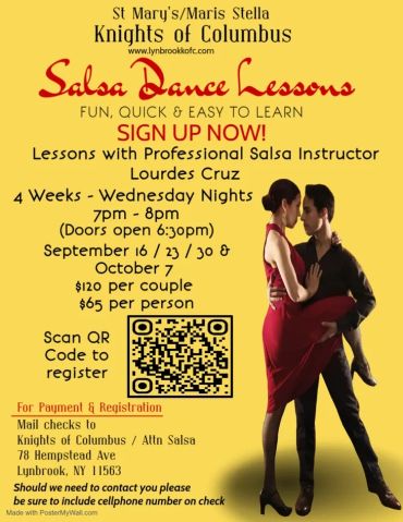 Flyer for Salsa Dance Lessons by Knights of Columbus in Lynbrook, NY.