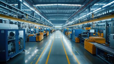 Interior of a modern, organized factory with machinery along both sides.
