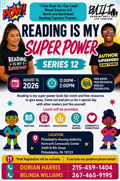Flyer for Reading Is My Super Power Series 12 book fair event.
