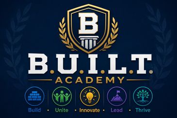 B.U.I.L.T. Academy logo with core values icons.