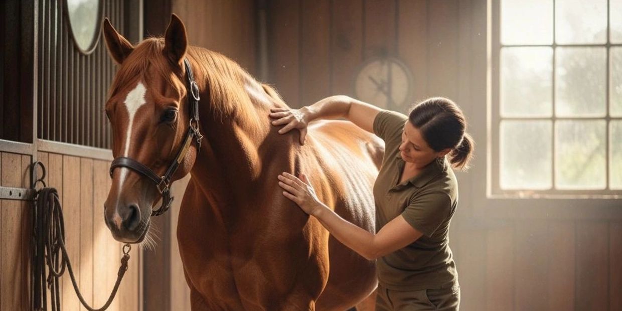 A woman gently examines a horse inside a sunlit stable.