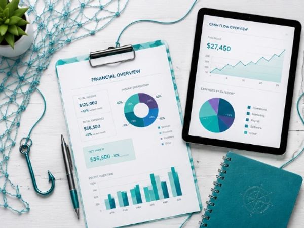 Financial documents with charts and graphs on clipboard and tablet beside a notebook.