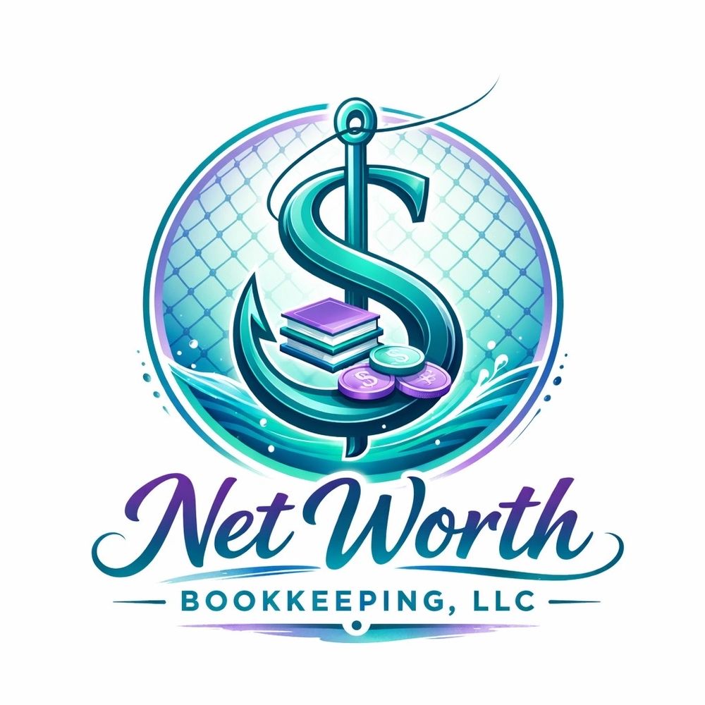 Logo with dollar sign, books, and coins for Net Worth Bookkeeping, LLC.